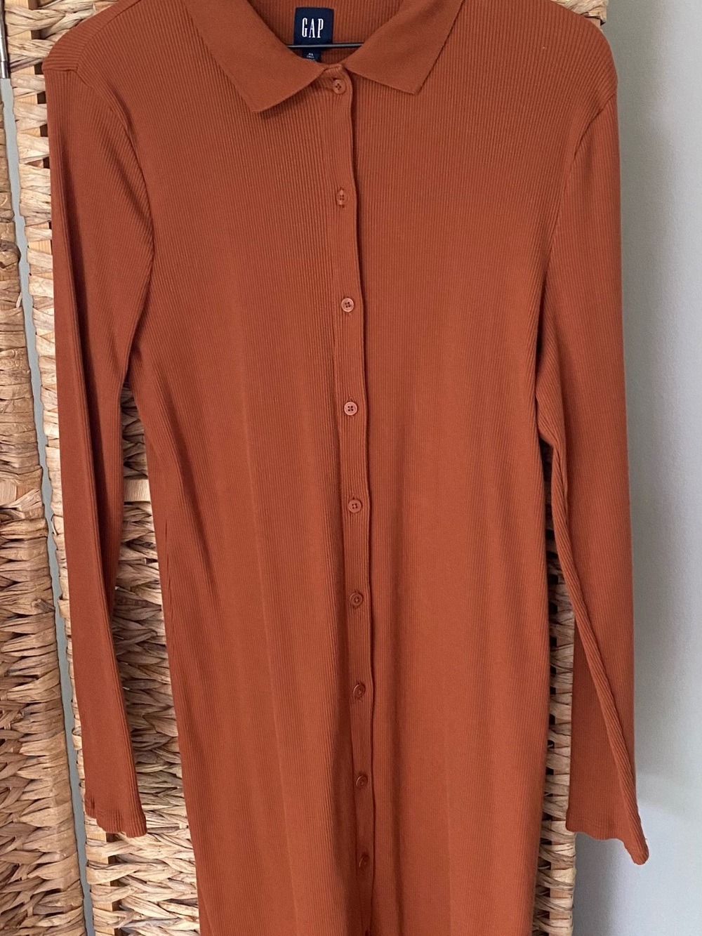 GAP Long Sleeve Button-Front Dress in Rust